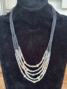 Boho Multi-Strand Gemstone Statement Necklace Gray Gold Blue